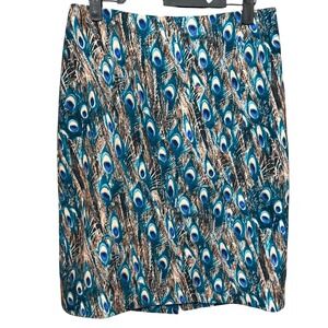 Talbots Womens Petite Sz 4p Pencil Skirt Zip Up Peacock Feather Print Blue Brown